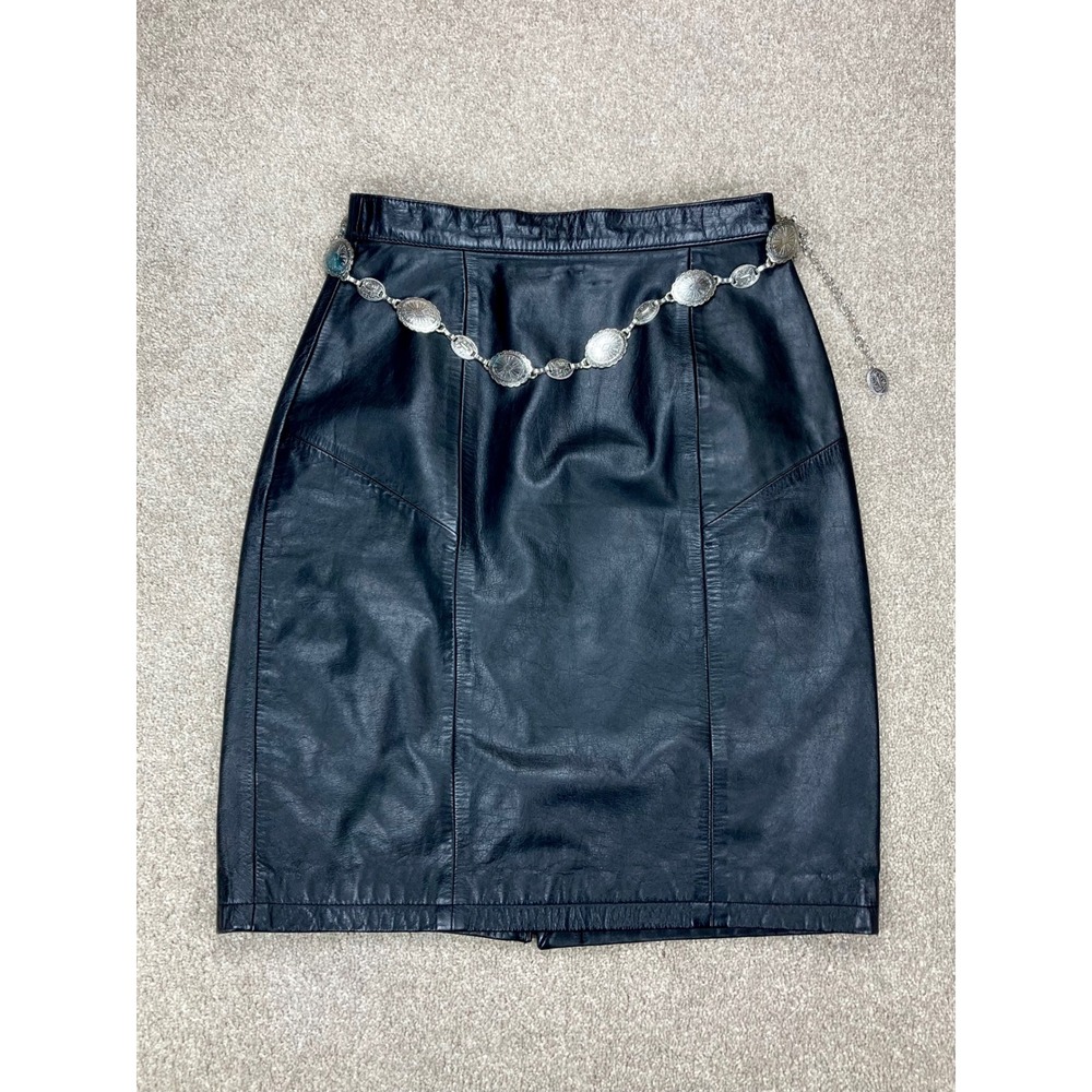 Tango Vintage Leather Concho Belt Pencil Skirt Women 10 Black Western High Waist
